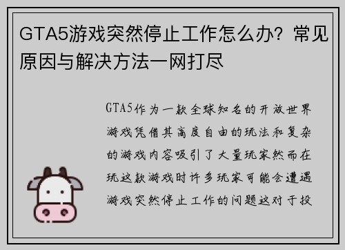 GTA5游戏突然停止工作怎么办？常见原因与解决方法一网打尽